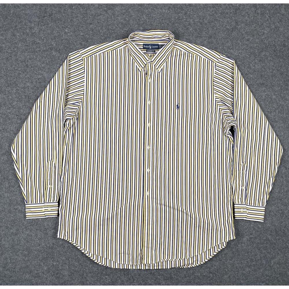 Vintage Ralph Lauren Button Down Oxford Shirt Men XL 17 1/2 Yellow Blue Striped